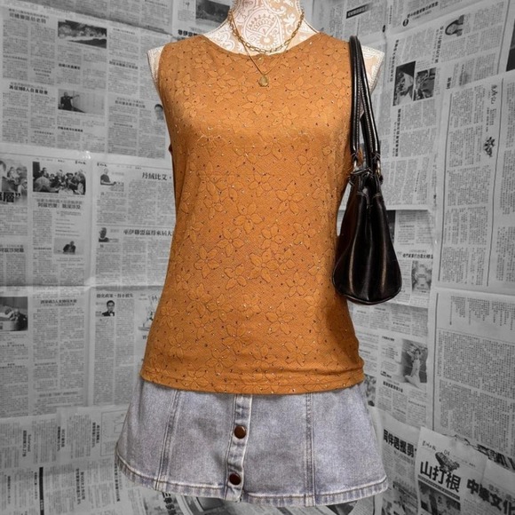 Orange USA Brown Beaded Floral Knit Tank Top Women's L Y2K Vintage Sleeveless - Picture 1 of 7